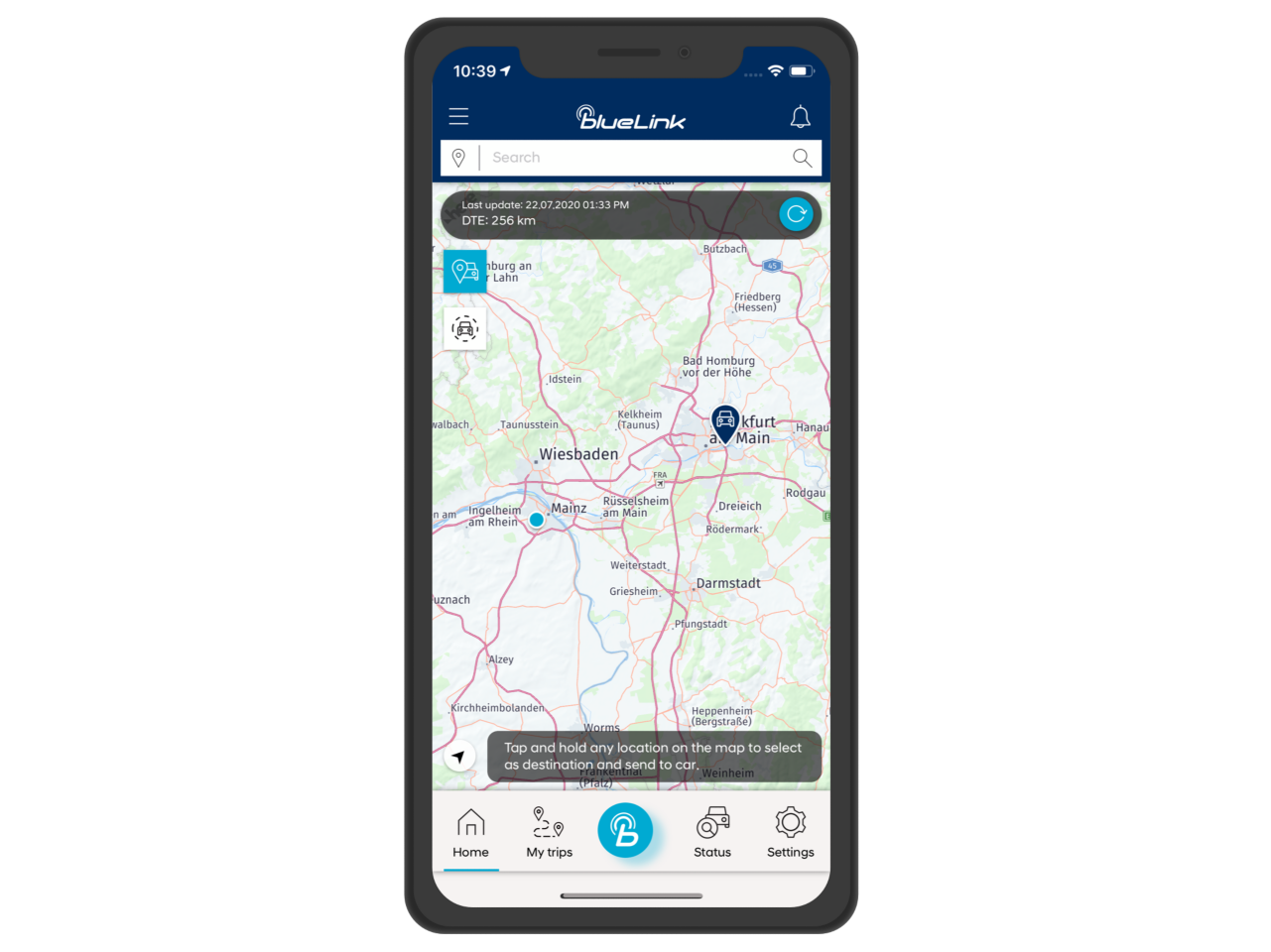 Detailní pohled na obrazovku aplikace Hyundai Bluelink s funkcí Find My Car.